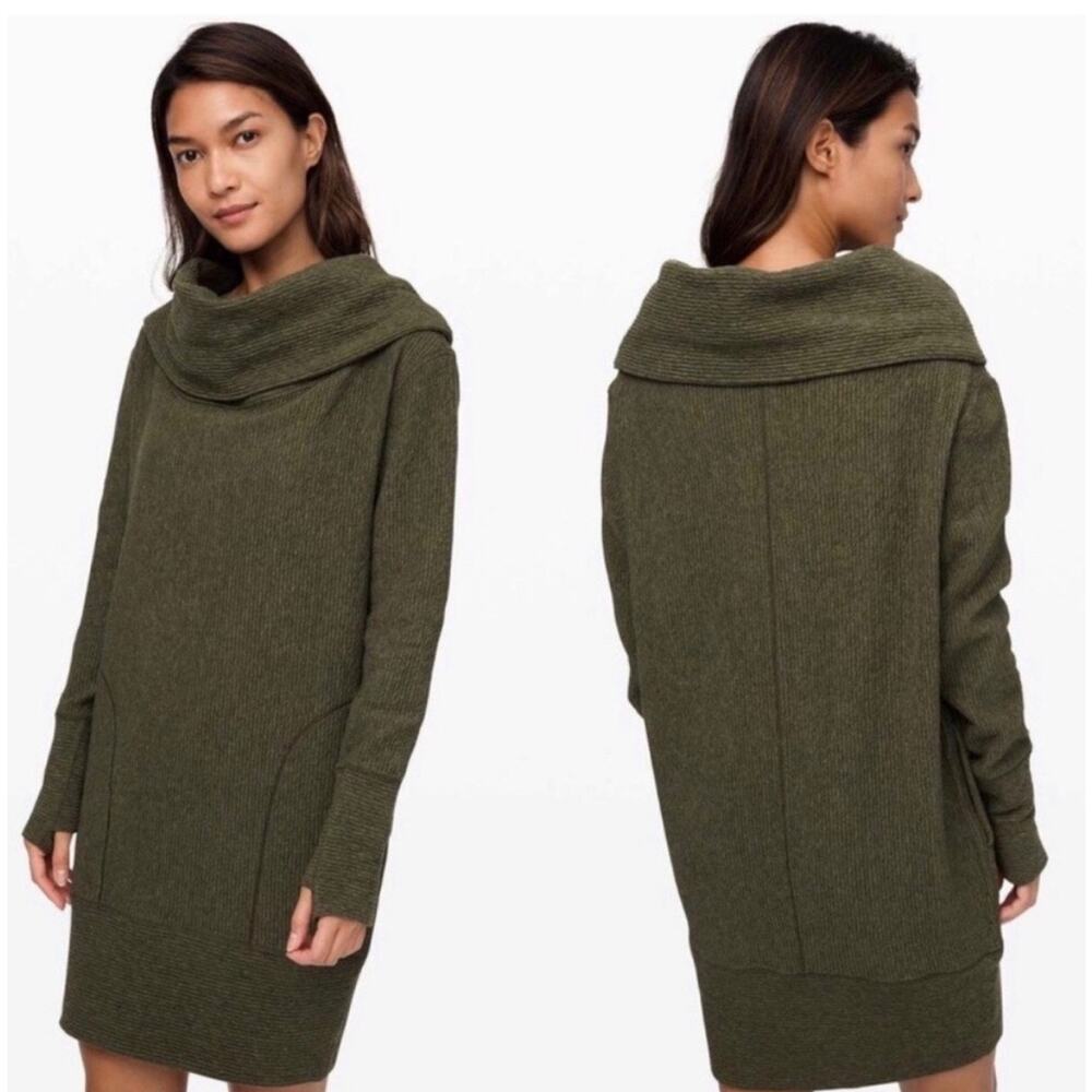 Lululemon Along the Way Sweater Dress Heathered Dark Olive Green XS Cowl Tunic
